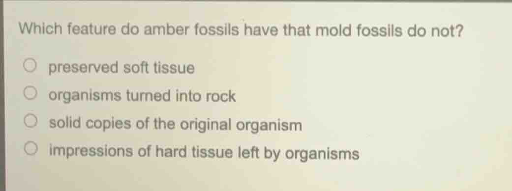 which feature do amber fossils have that mold fossils do not? preserved…