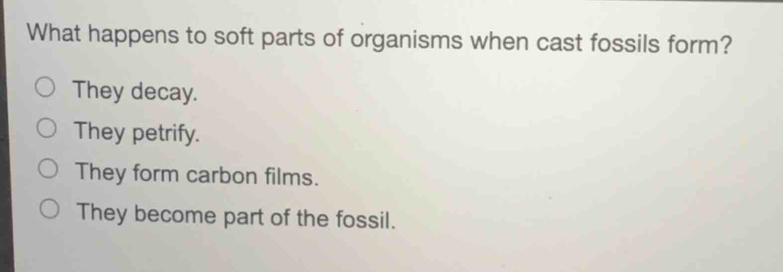 what happens to soft parts of organisms when cast fossils form? ○ they …