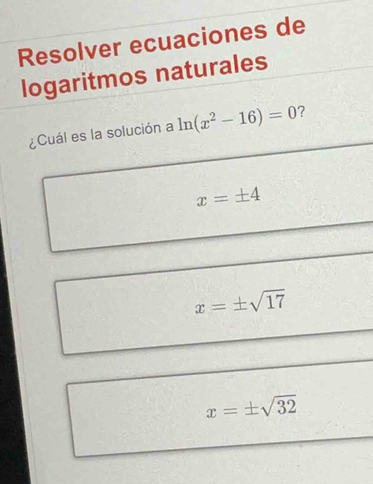 resolver ecuaciones de logaritmos naturales ¿cuál es la solución a \\(\…