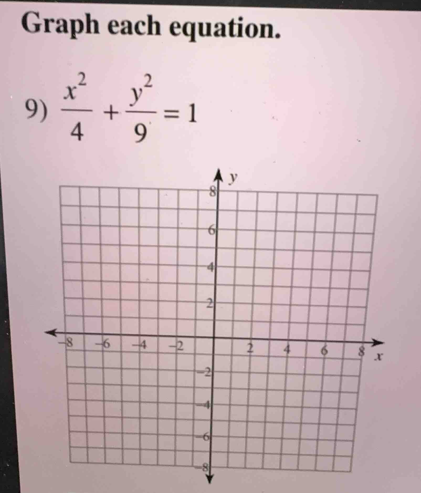 graph each equation. 9) \\(\\frac{x^2}{4} + \\frac{y^2}{9} = 1\\)