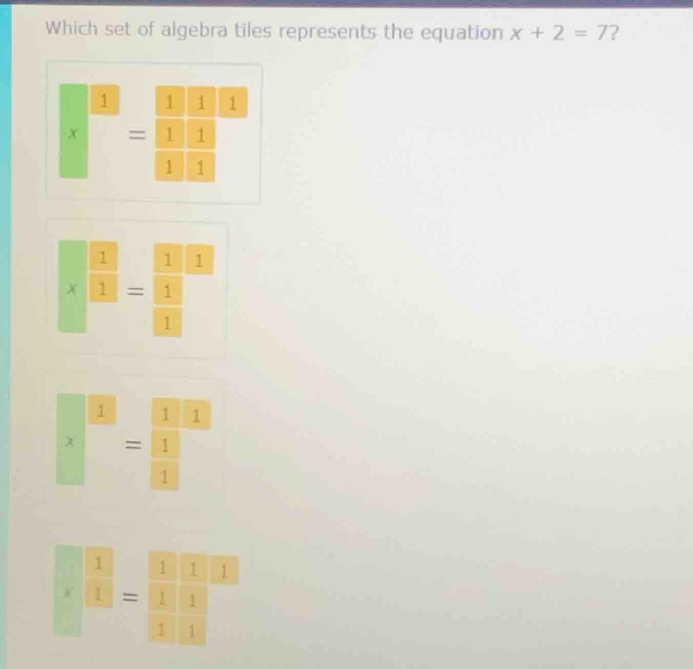 which set of algebra tiles represents the equation $x + 2 = 7$?