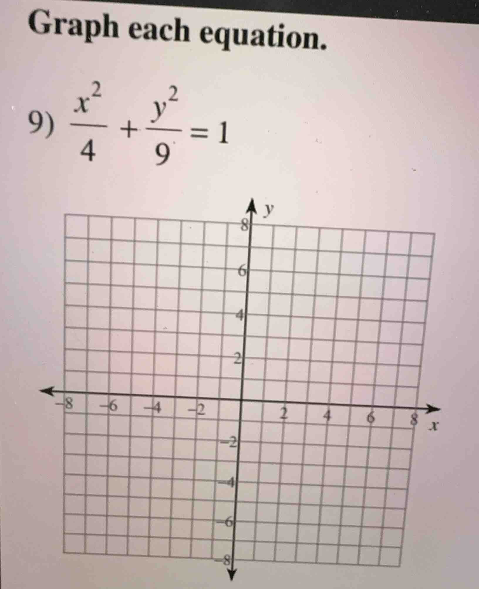 graph each equation. 9) \\(\\frac{x^2}{4} + \\frac{y^2}{9} = 1\\)