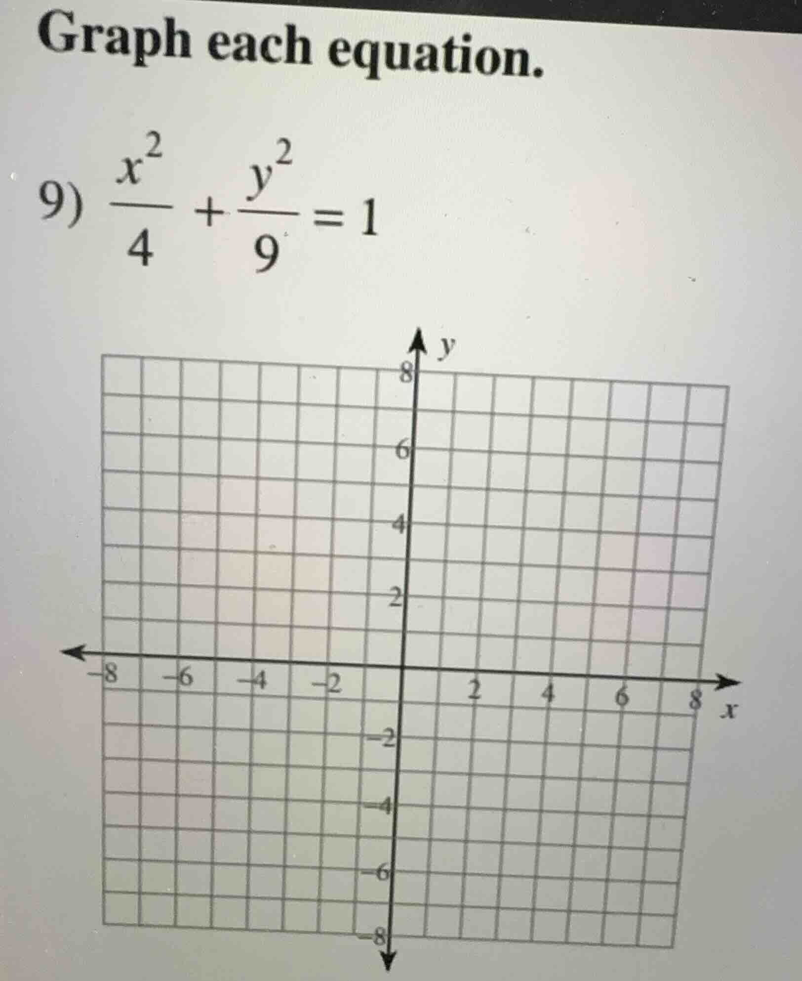 graph each equation. 9) \\(\\frac{x^2}{4} + \\frac{y^2}{9} = 1\\)