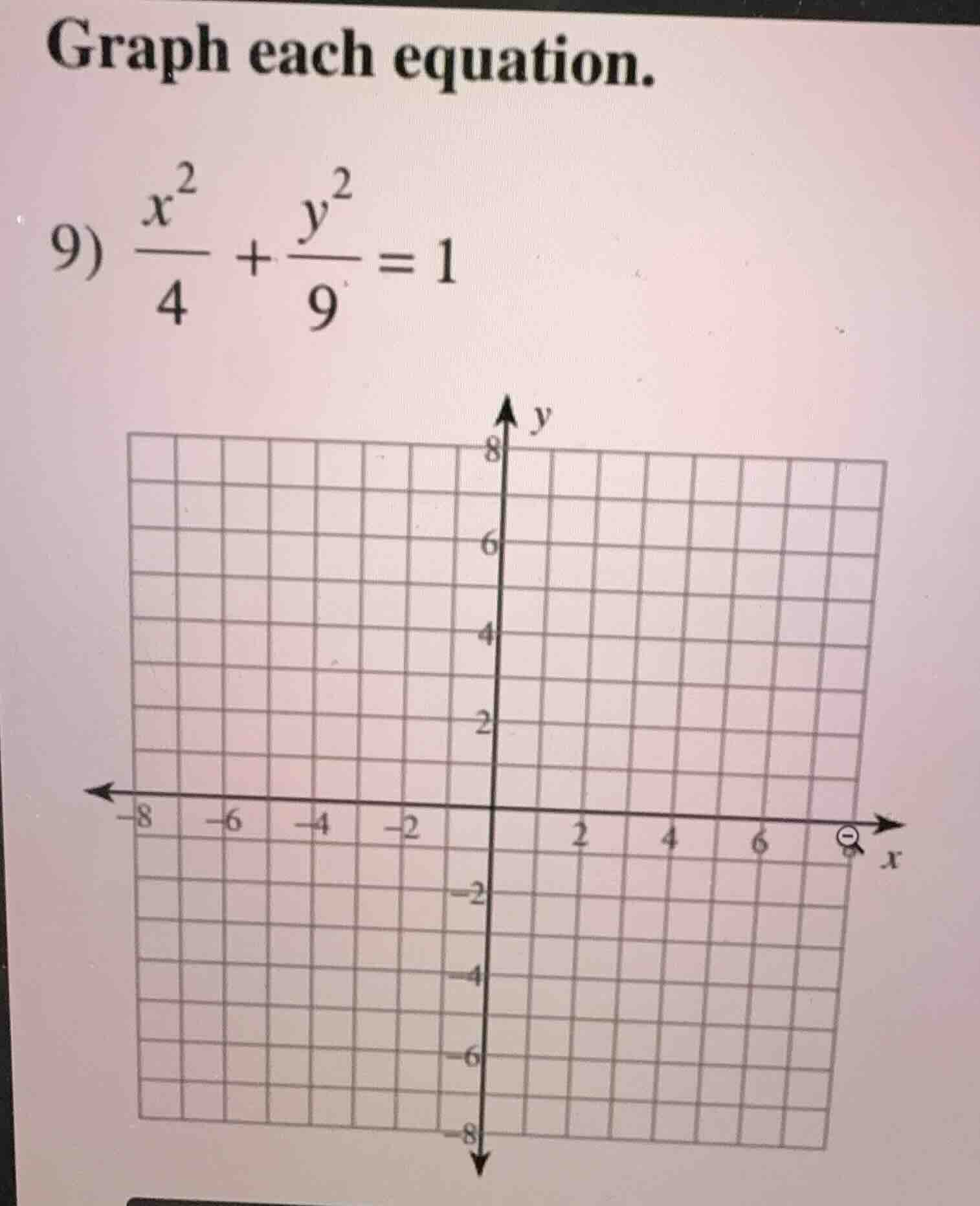 graph each equation. 9) \\(\\frac{x^2}{4} + \\frac{y^2}{9} = 1\\)