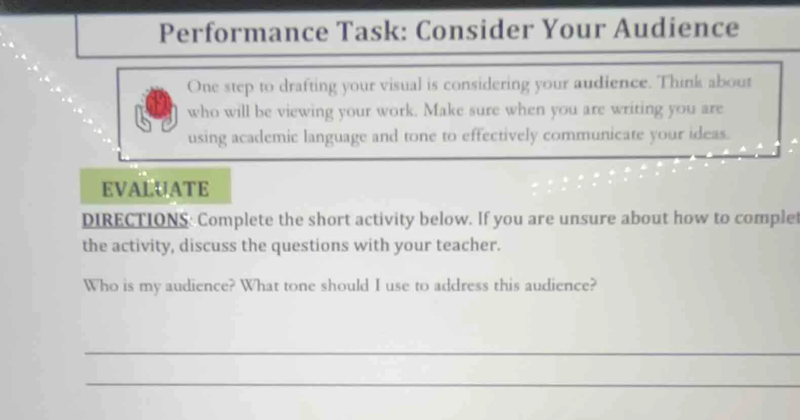 performance task: consider your audience one step to drafting your visu…