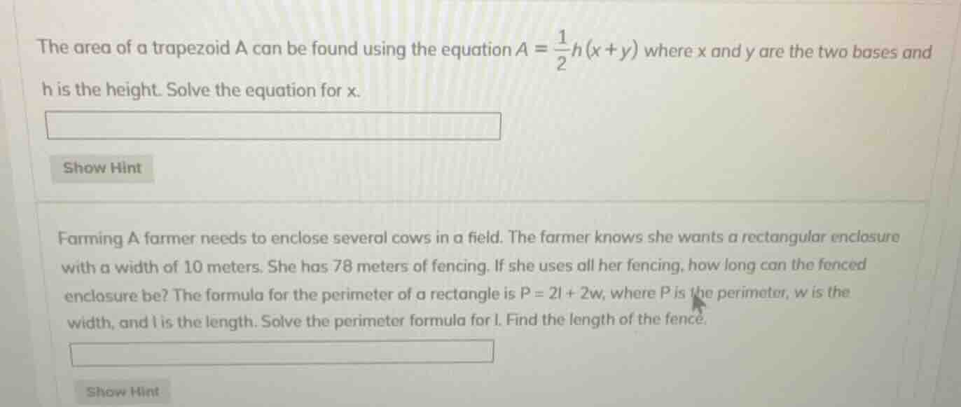 the area of a trapezoid a can be found using the equation $a = \\frac{1…