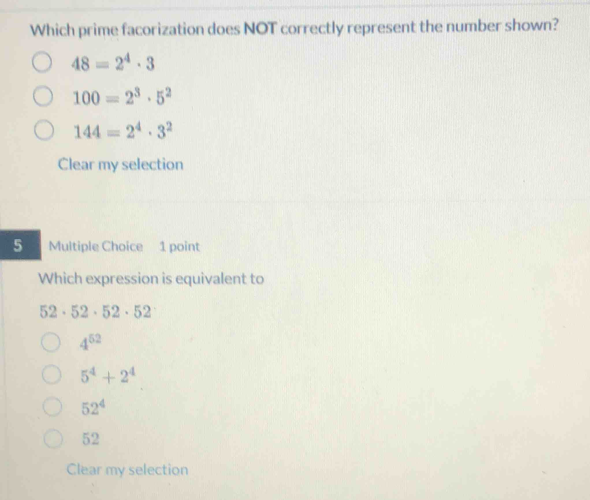 which prime facorization does not correctly represent the number shown?…