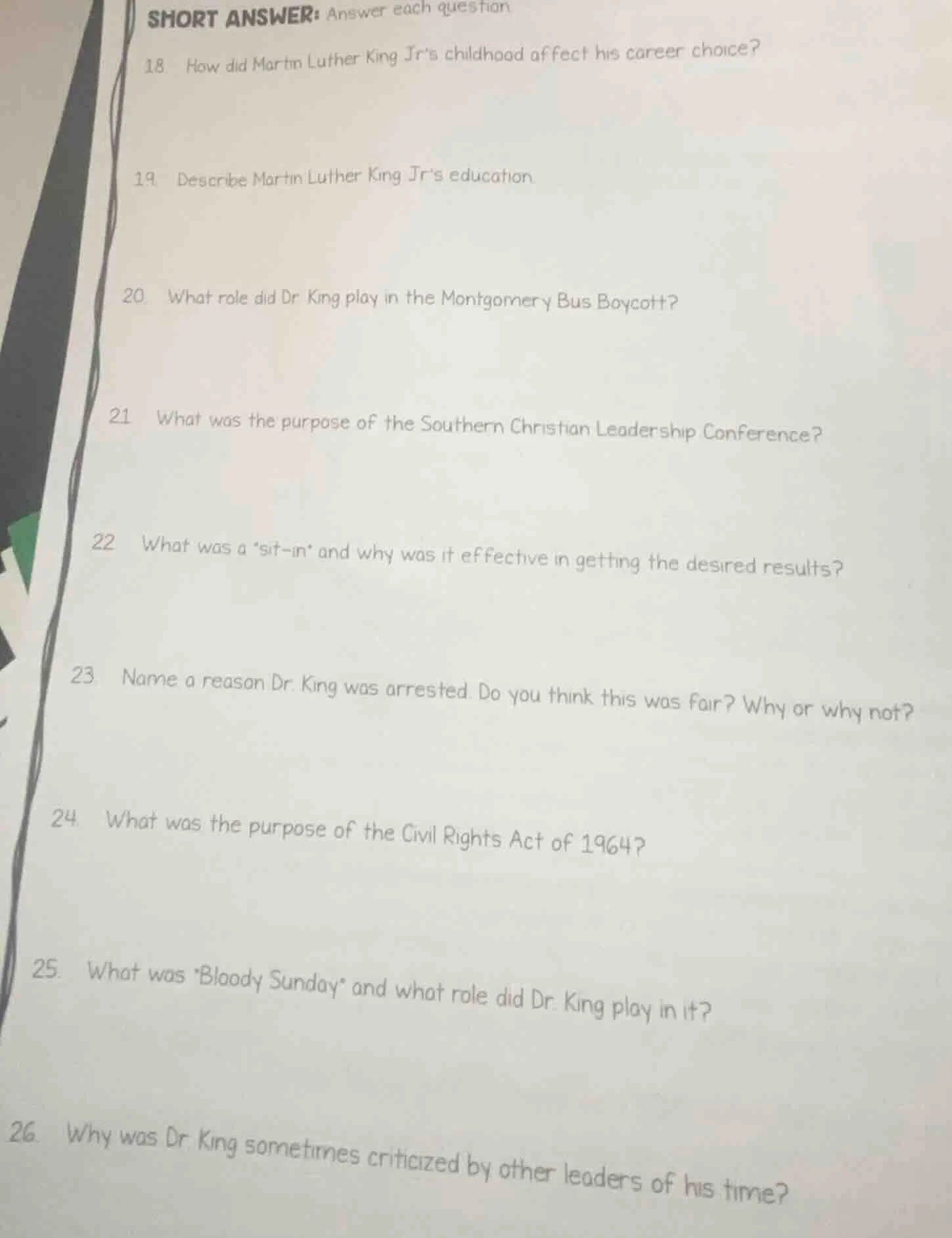 short answer: answer each question 18. how did martin luther king jrs c…