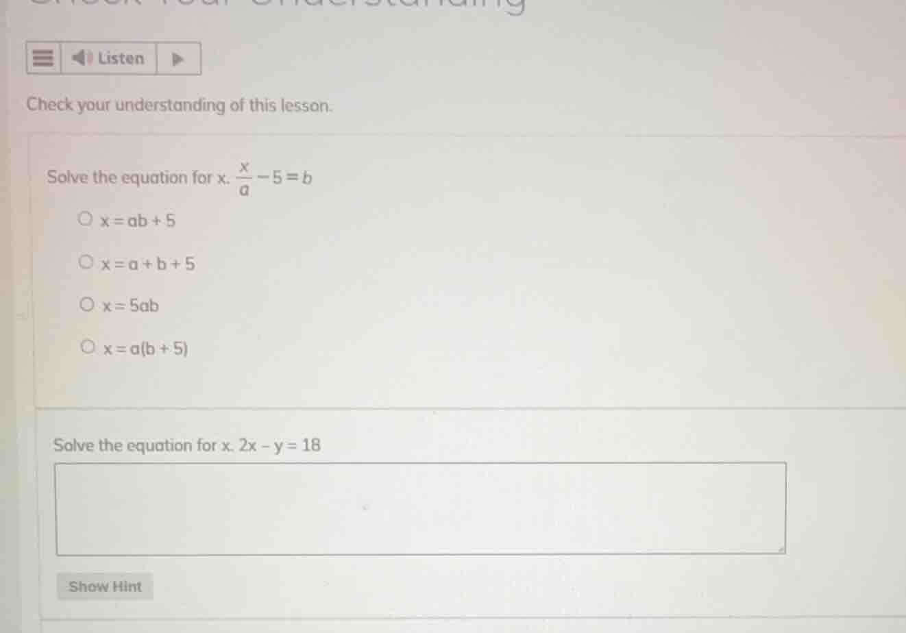 check your understanding of this lesson. solve the equation for x. \\(\…