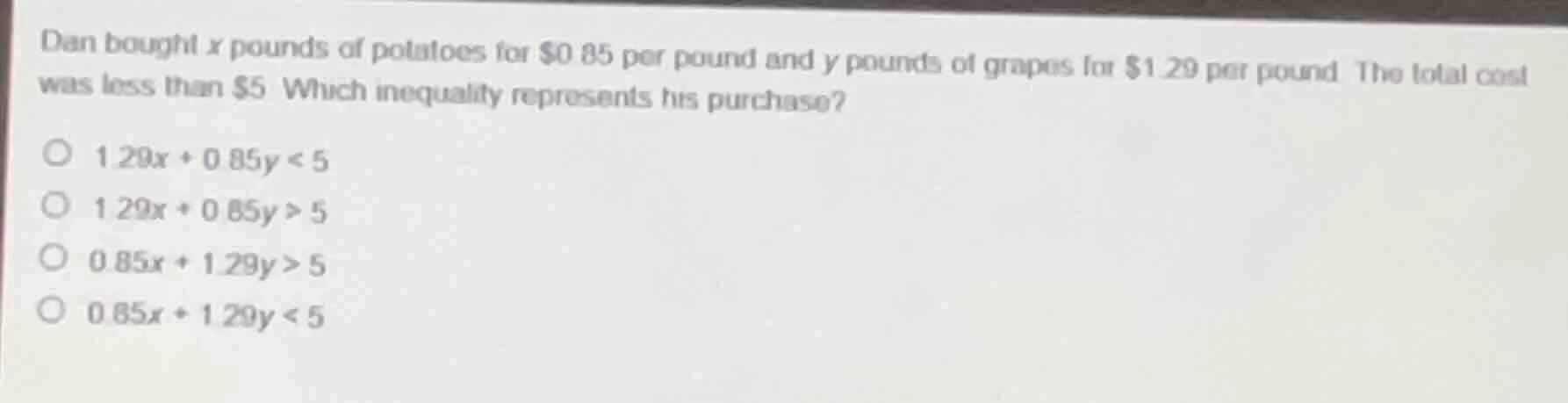 dan bought x pounds of potatoes for $0.85 per pound and y pounds of gra…