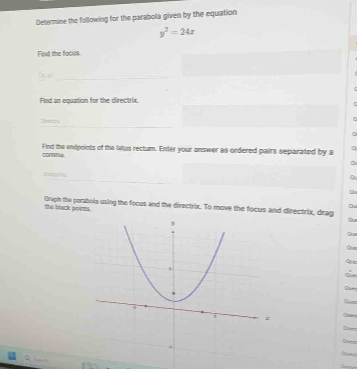 determine the following for the parabola given by the equation $y^2 = 2…