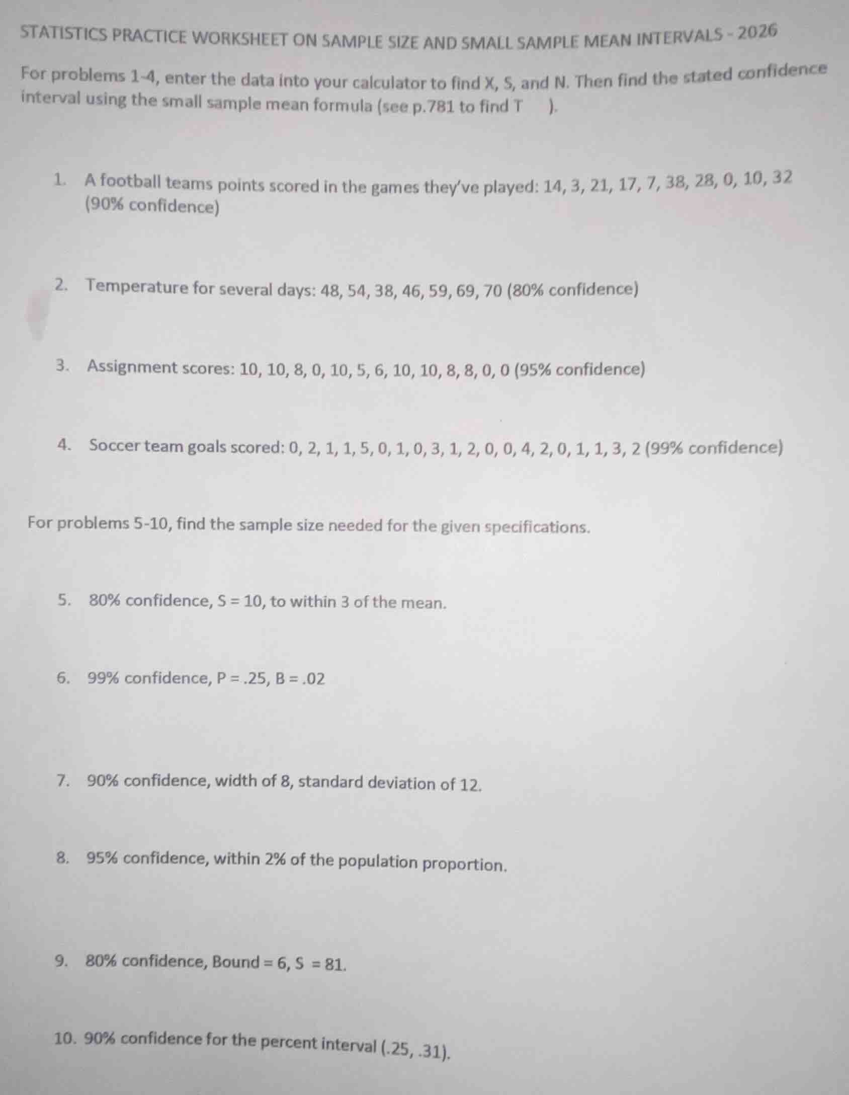 statistics practice worksheet on sample size and small sample mean inte…