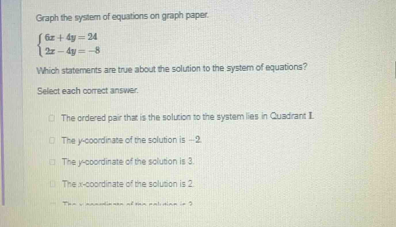 graph the system of equations on graph paper.\\begin{cases}6x + 4y = 24…