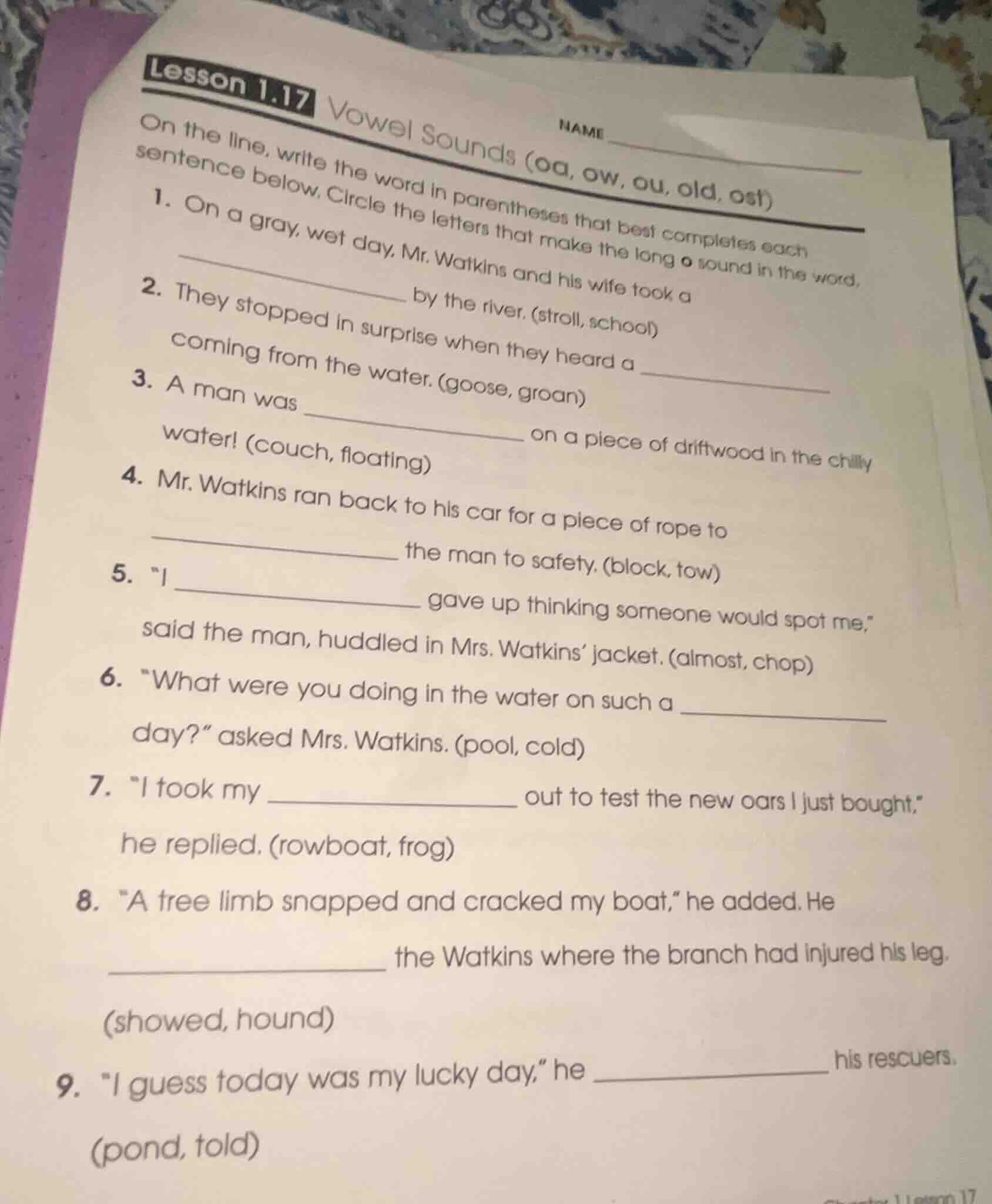 lesson 1.17 vowel sounds (oa, ow, ou, old, ost) name on the line, write…