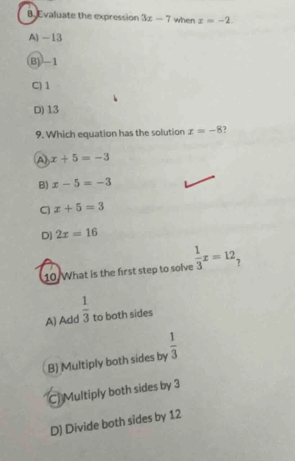 8. evaluate the expression ( 3x - 7 ) when ( x = -2 ). a) ( -13 ) b) ( …
