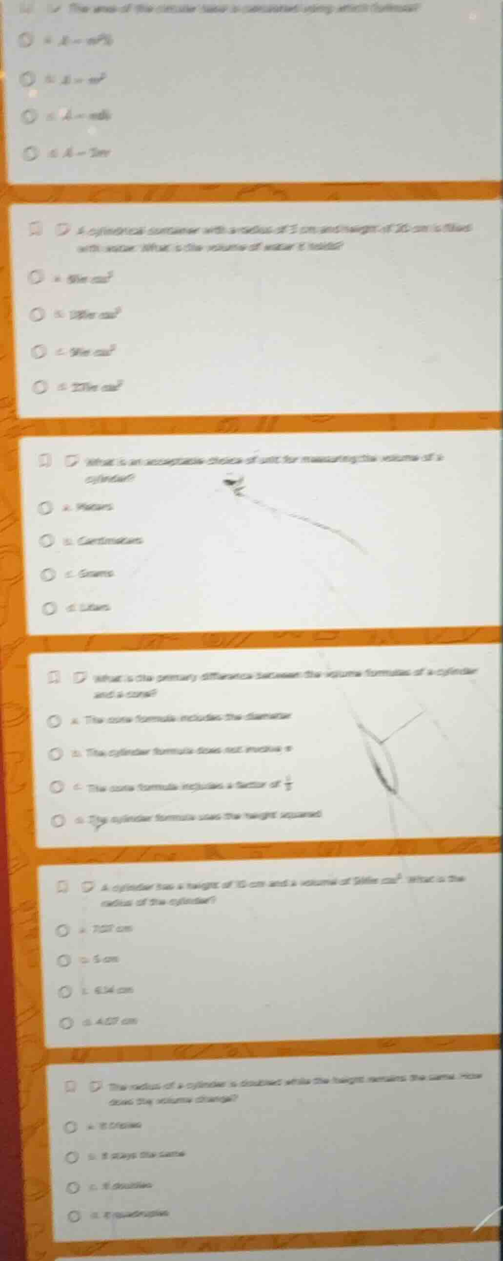 1. the area of the circular base is calculated using which formula? a. …