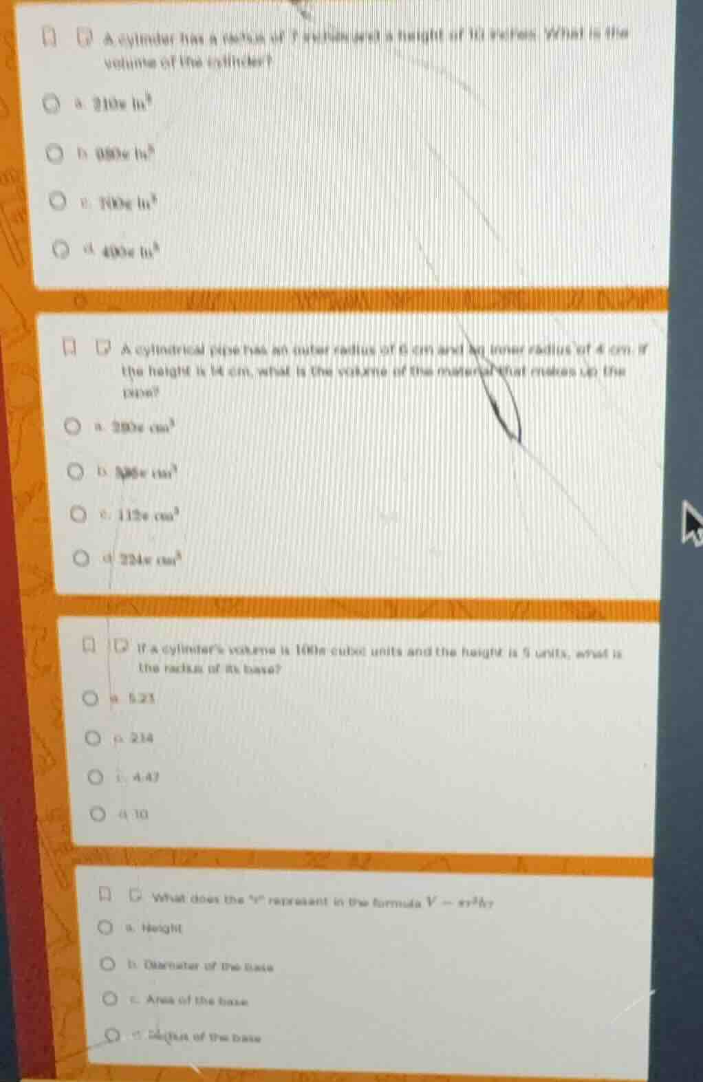 1. a cylinder has a radius of 7 inches and a height of 10 inches. what …