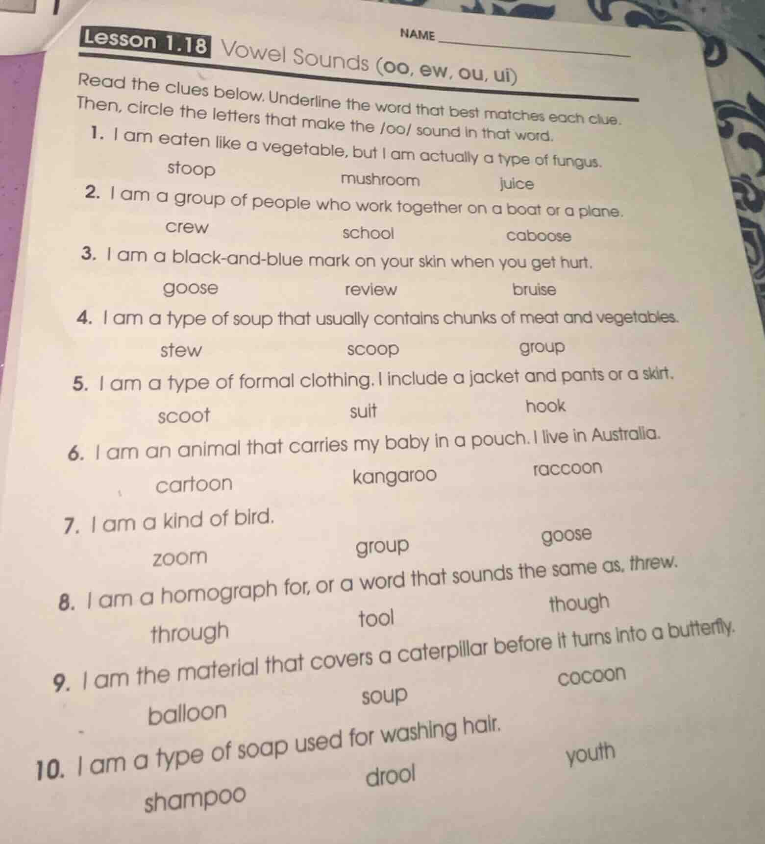 lesson 1.18 vowel sounds (oo, ew, ou, ui) read the clues below. underli…