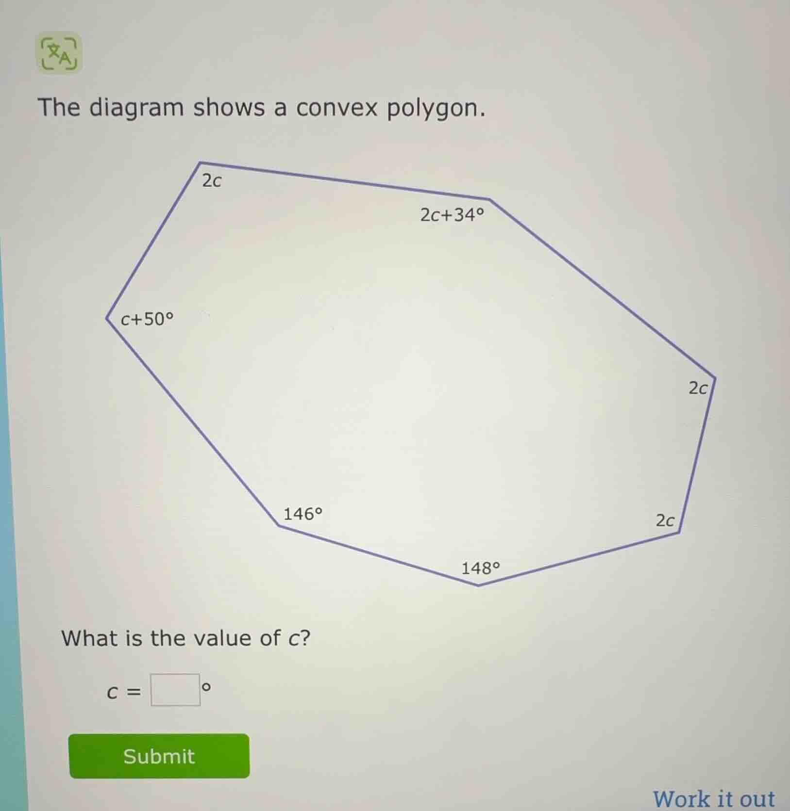the diagram shows a convex polygon. what is the value of c? c = \\squar…