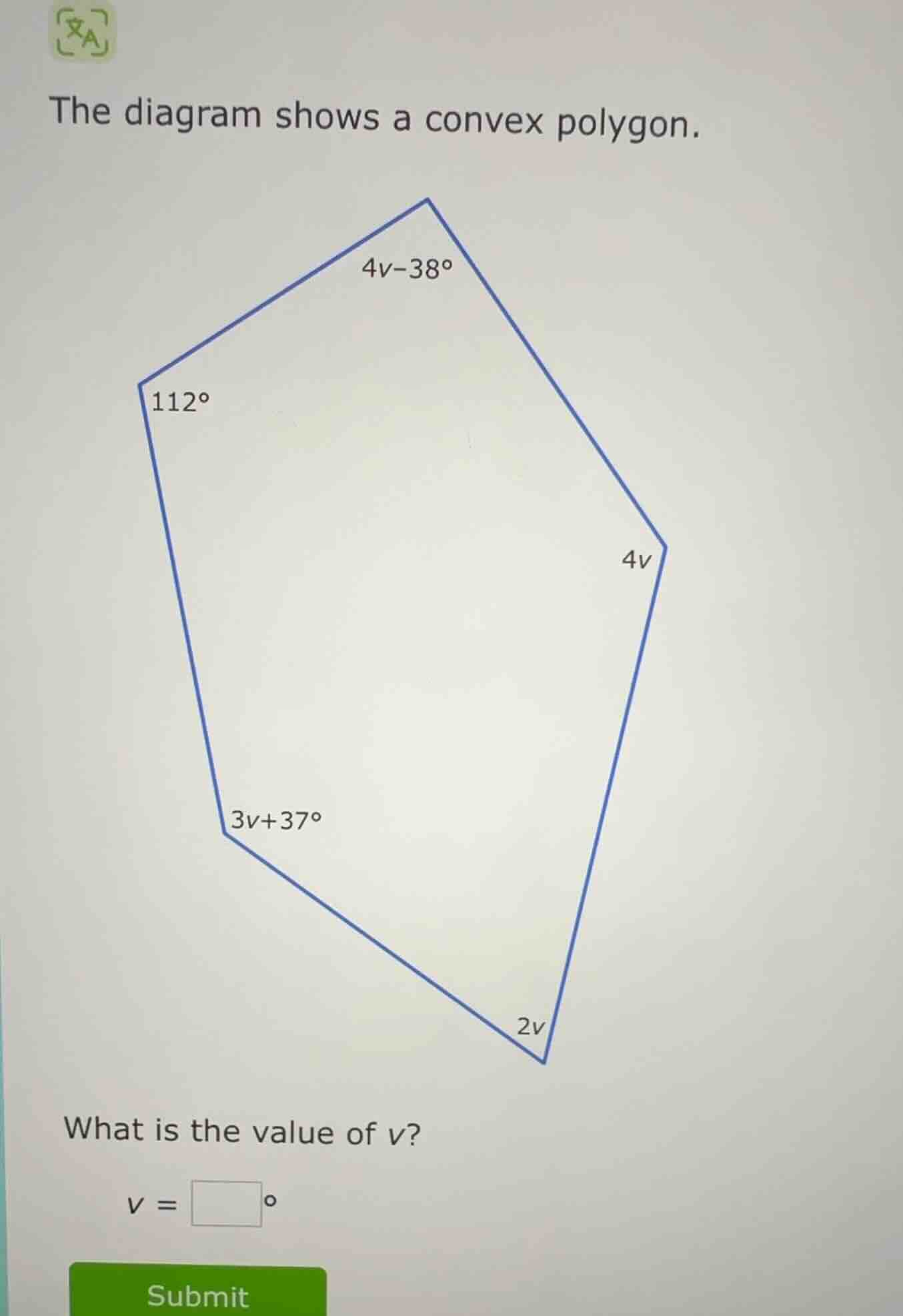 the diagram shows a convex polygon. what is the value of v? v = \\squar…