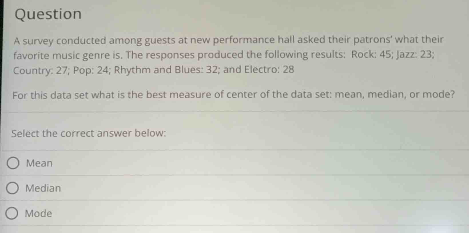 question a survey conducted among guests at new performance hall asked …