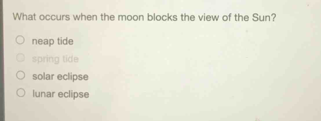 what occurs when the moon blocks the view of the sun? ○ neap tide ○ spr…