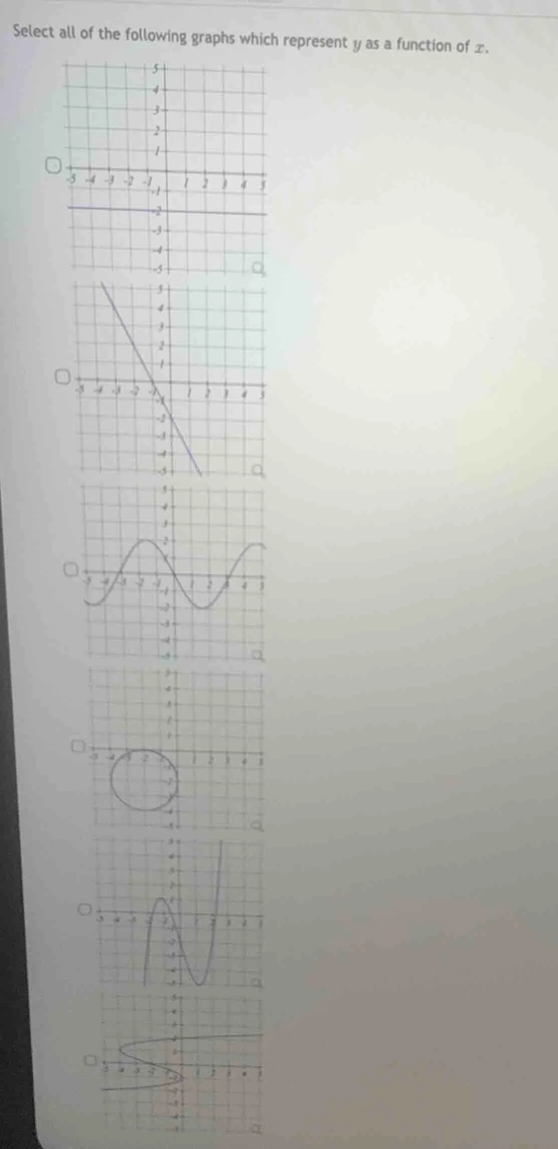 select all of the following graphs which represent y as a function of x.