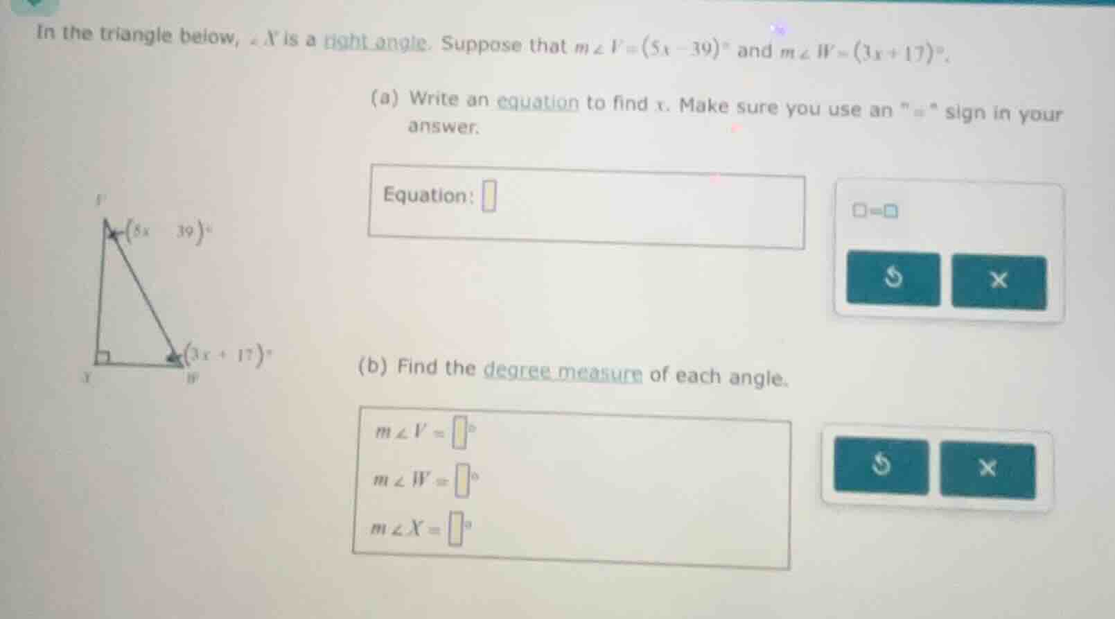 in the triangle below, ∠x is a right angle. suppose that ( mangle v=(5x…