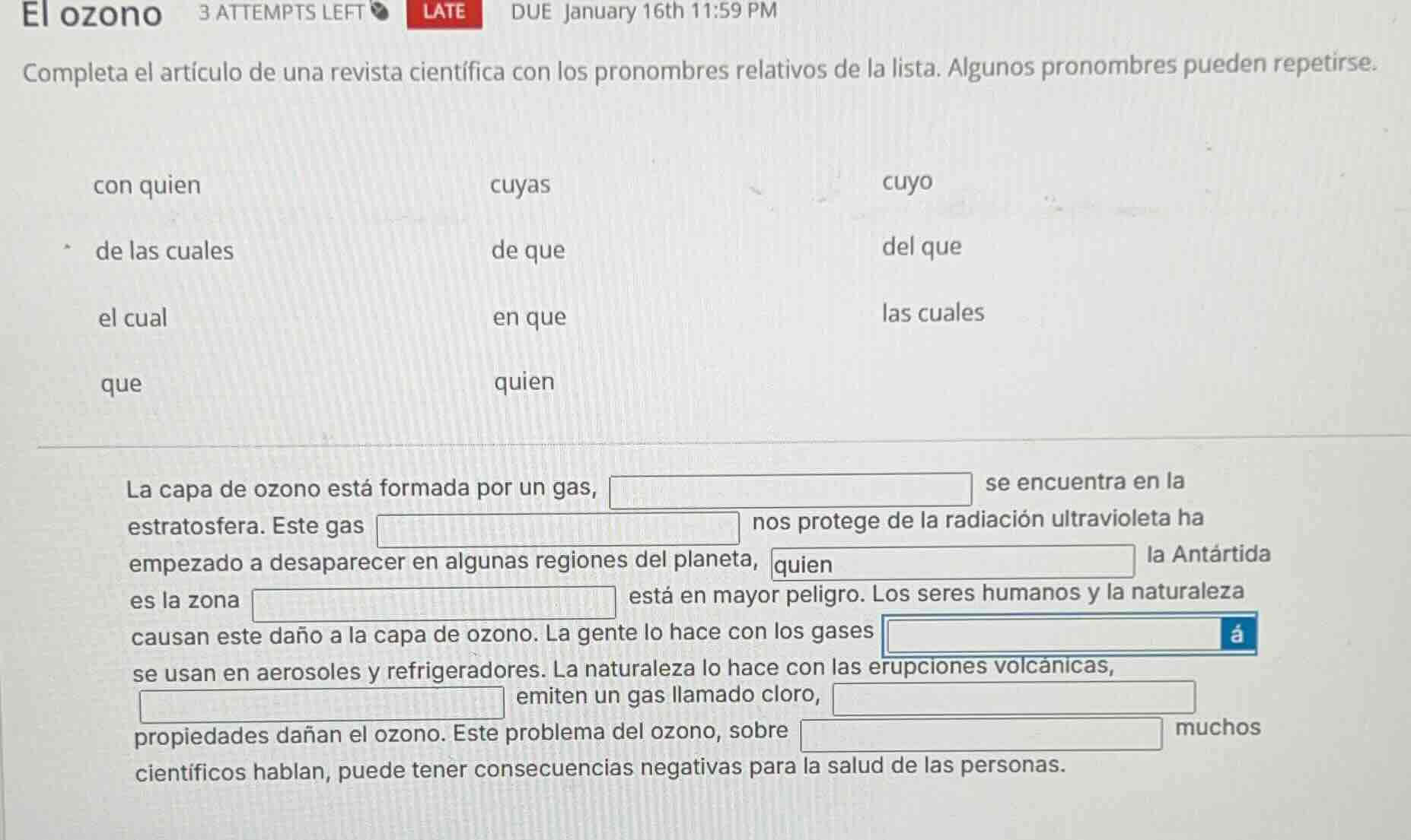 el ozono 3 attempts left late due january 16th 11:59 pm completa el art…