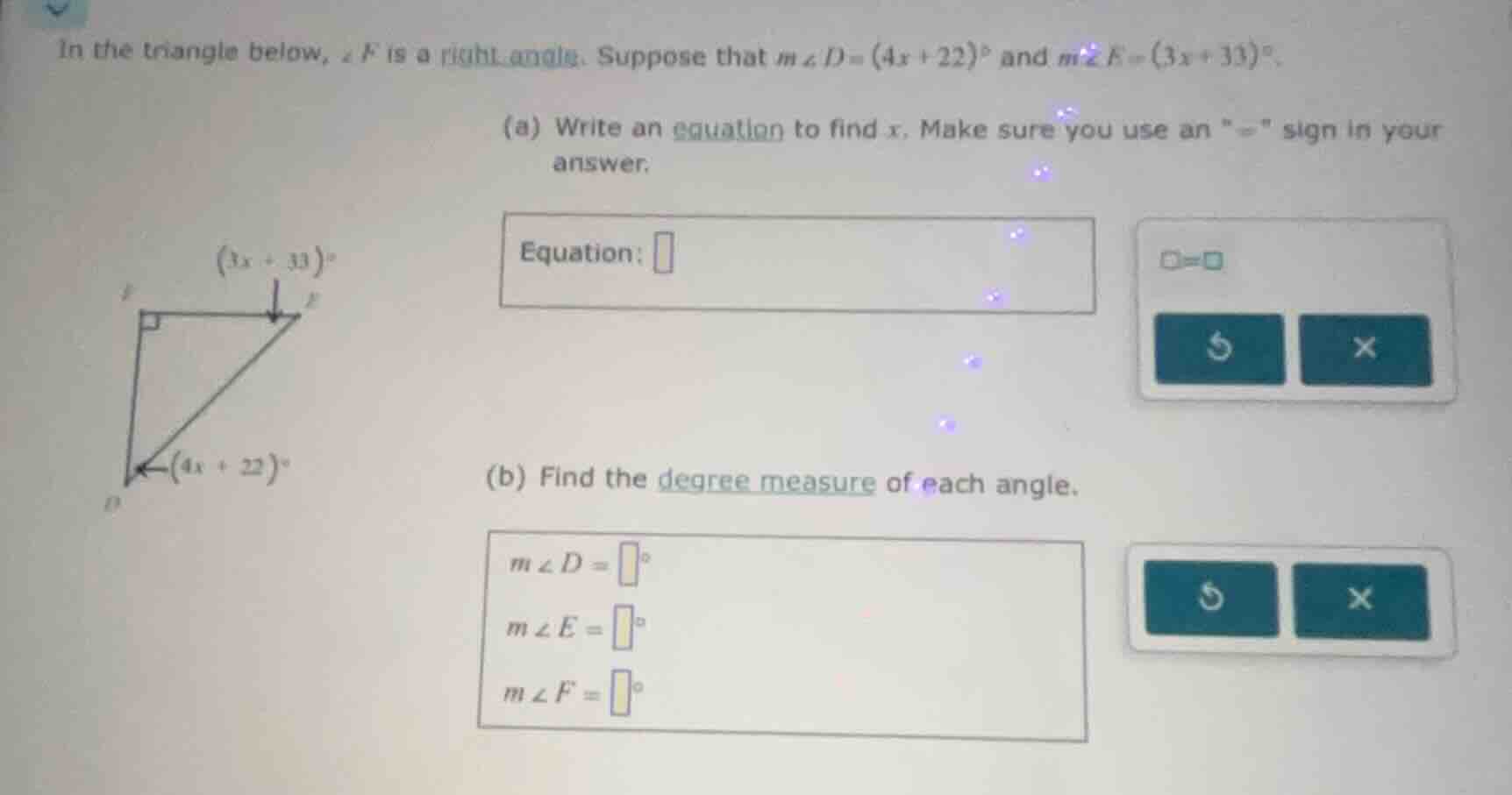 in the triangle below, ∠f is a right angle. suppose that m∠d = (4x + 22…