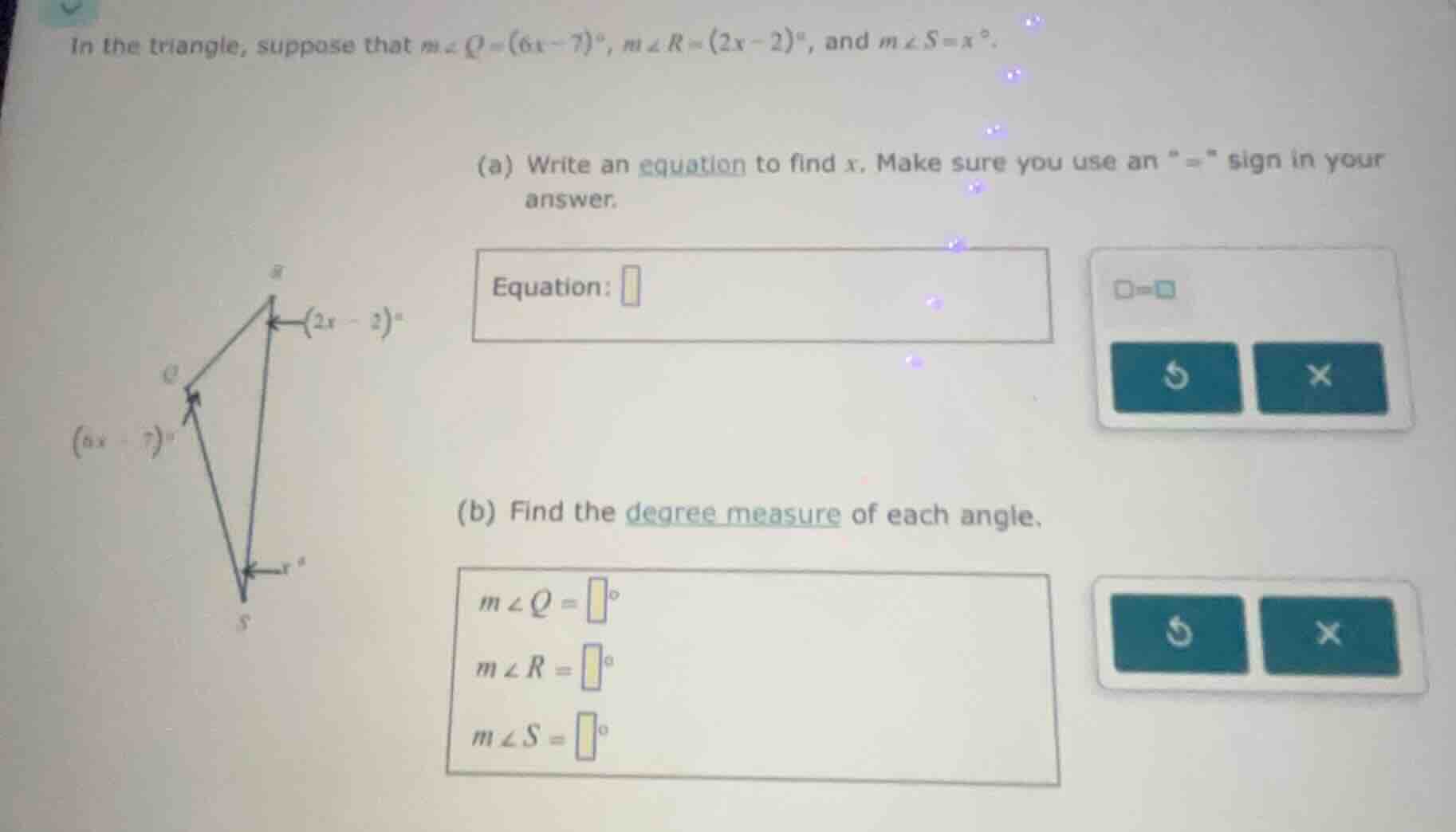 in the triangle, suppose that ( mangle q=(6x - 7)^{circ} ), ( mangle r=…