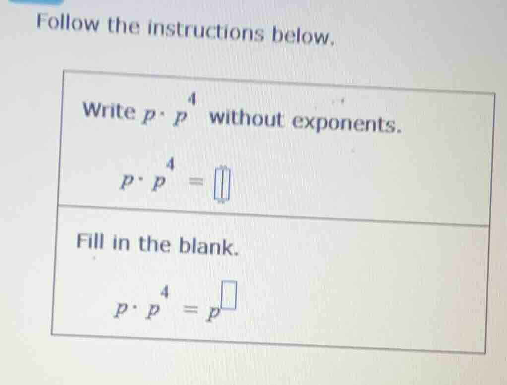 follow the instructions below. write ( p cdot p^4 ) without exponents. …