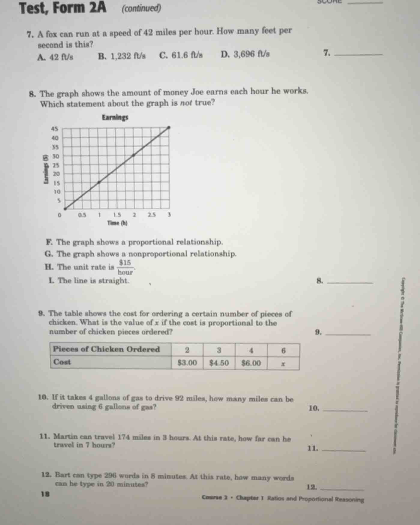 test, form 2a (continued) 7. a fox can run at a speed of 42 miles per h…