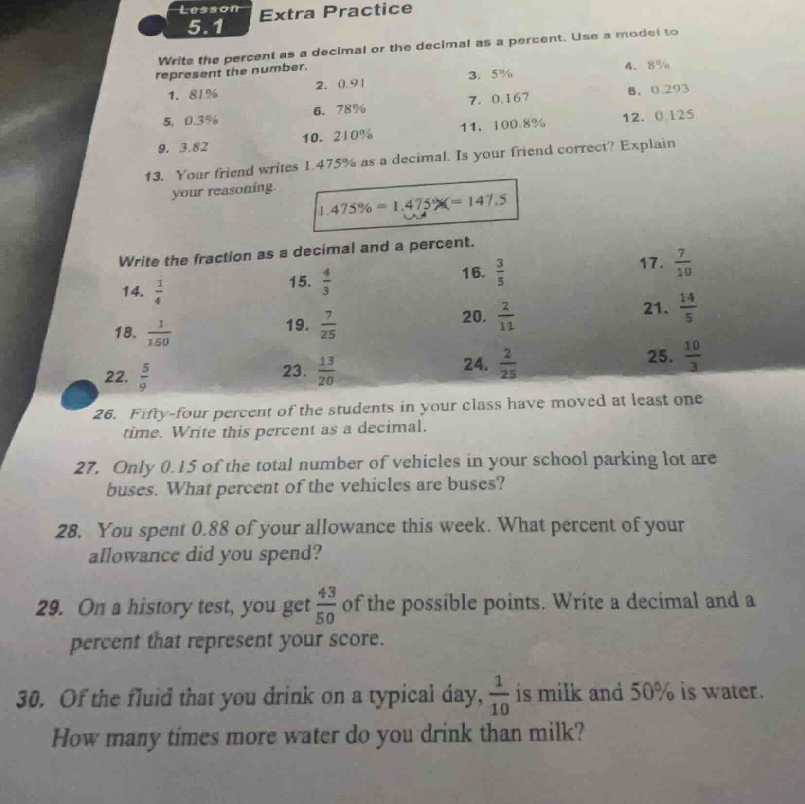 lesson 5.1 extra practice write the percent as a decimal or the decimal…