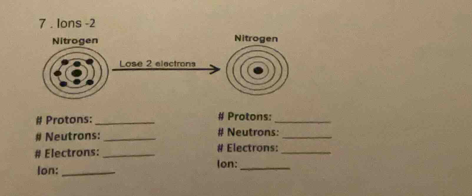 7. ions -2 nitrogen lose 2 electrons nitrogen # protons: ______ # neutr…