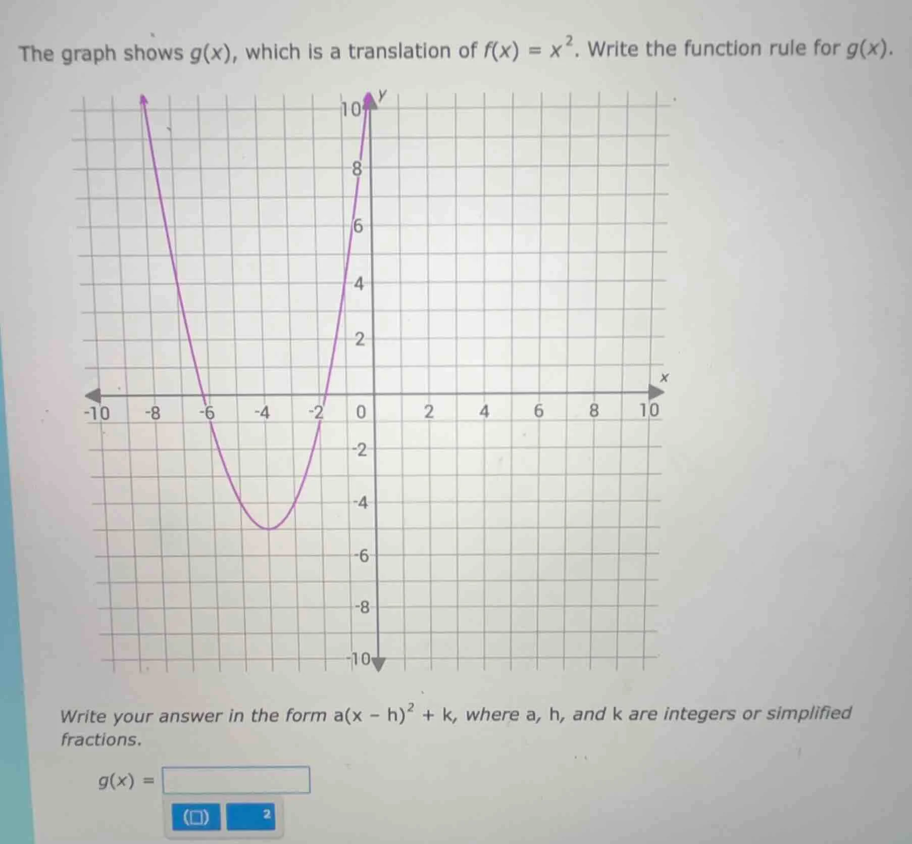 the graph shows g(x), which is a translation of f(x) = x². write the fu…