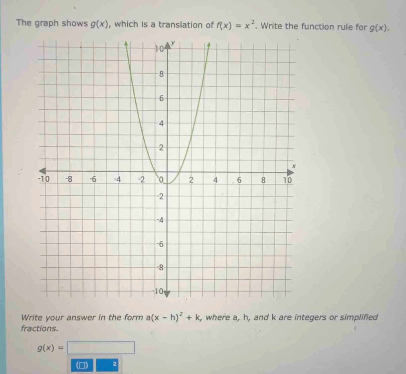 the graph shows g(x), which is a translation of f(x) = x². write the fu…