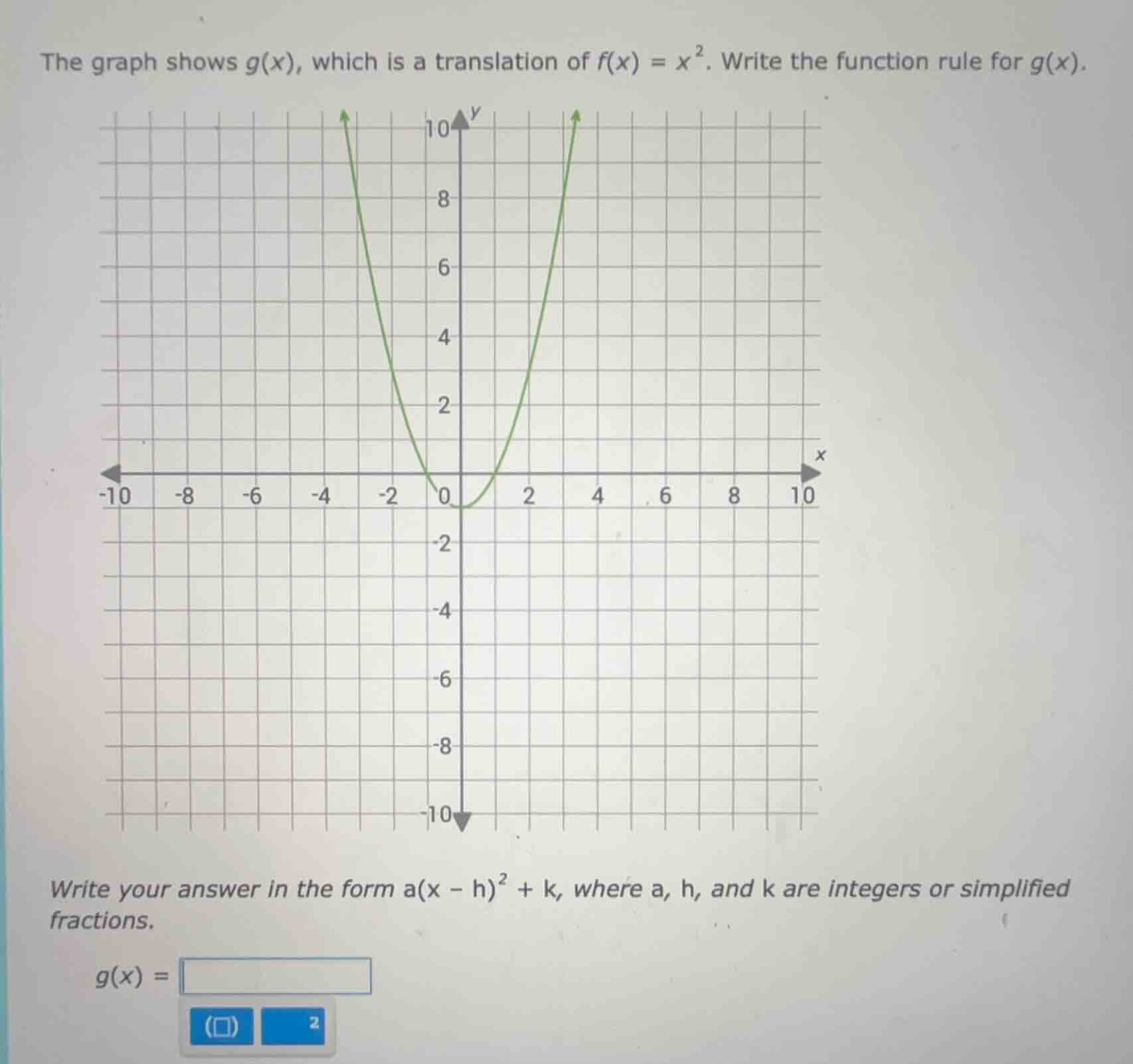 the graph shows g(x), which is a translation of f(x) = x². write the fu…