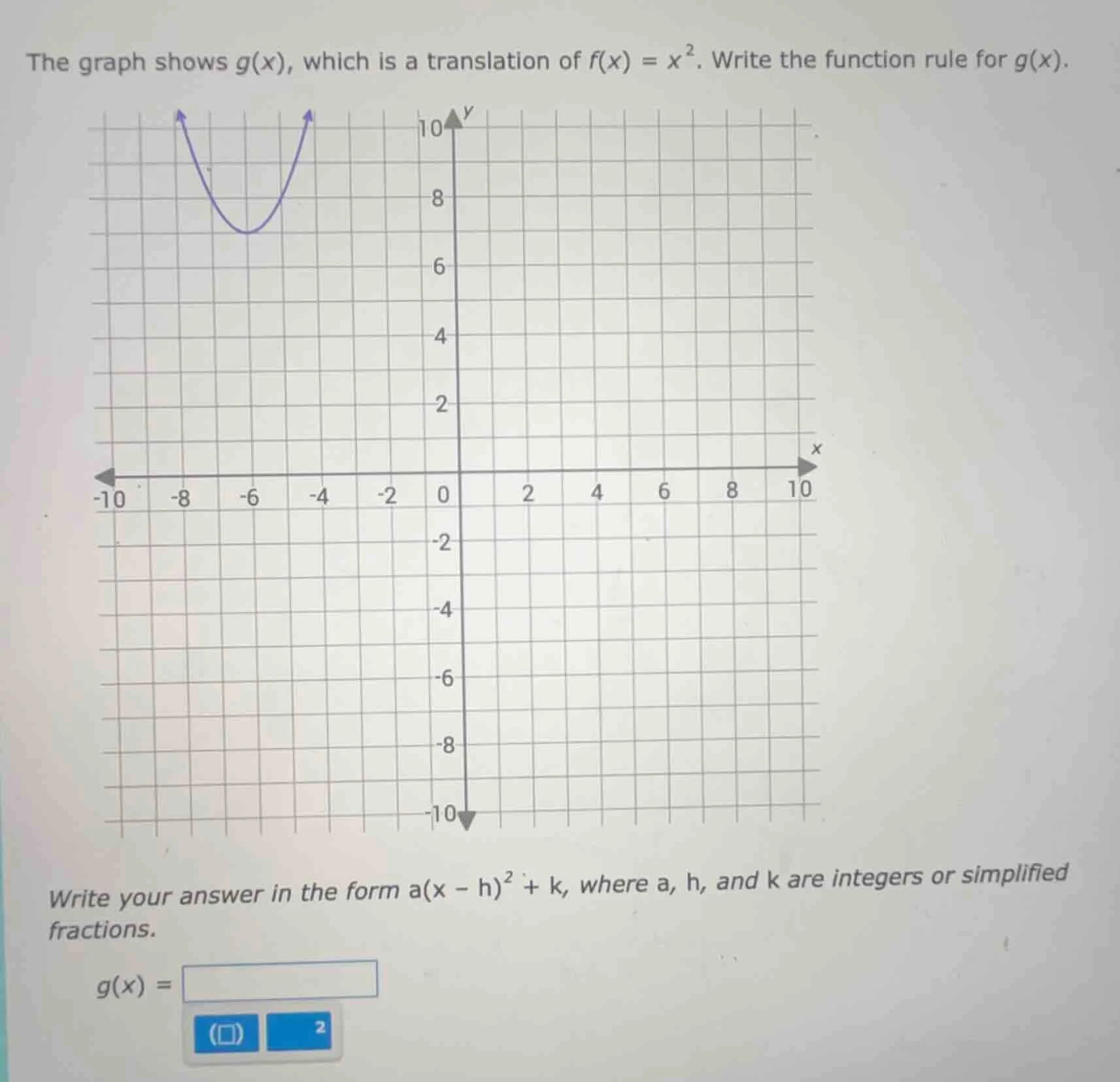 the graph shows g(x), which is a translation of f(x) = x². write the fu…