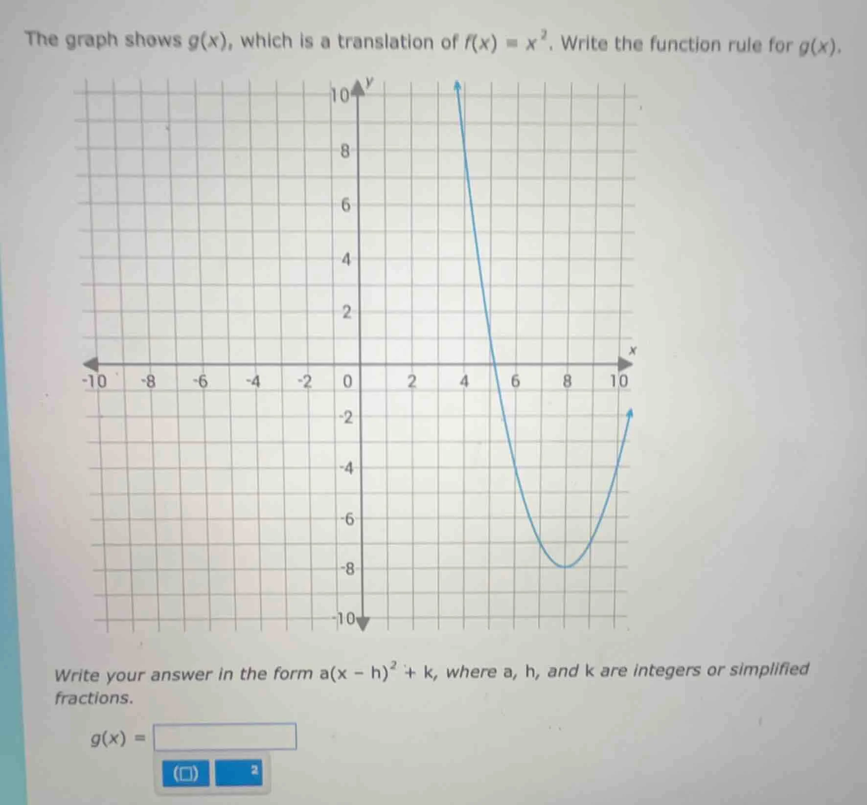 the graph shows g(x), which is a translation of f(x) = x². write the fu…