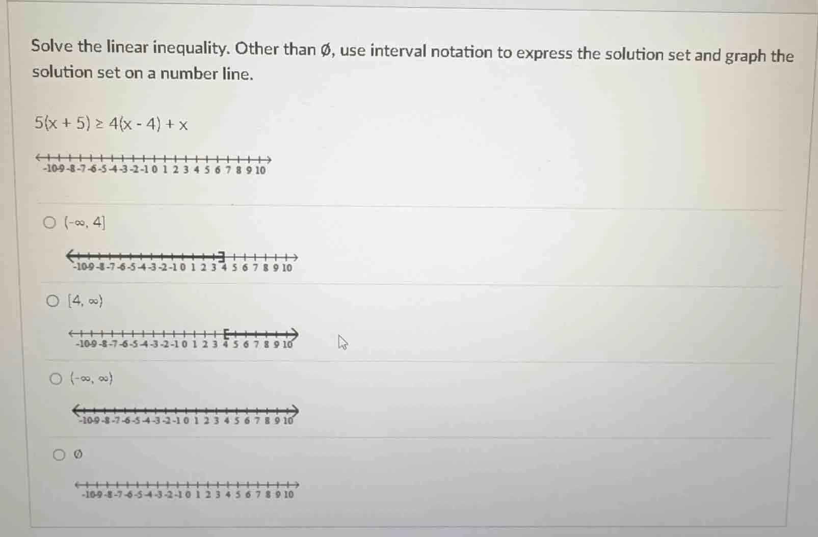 solve the linear inequality. other than \\( \\emptyset \\), use interva…
