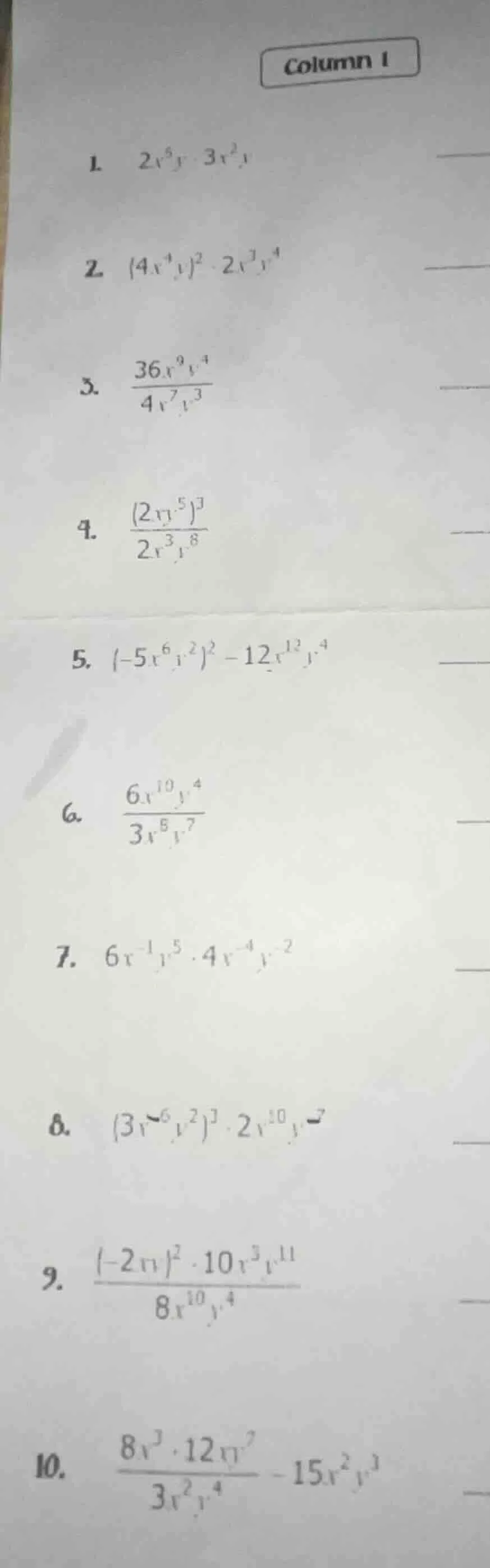 column 1 1. $2x^{5}y \\cdot 3x^{2}y$ 2. $(4x^{4}y)^{2} \\cdot 2x^{3}y^{…