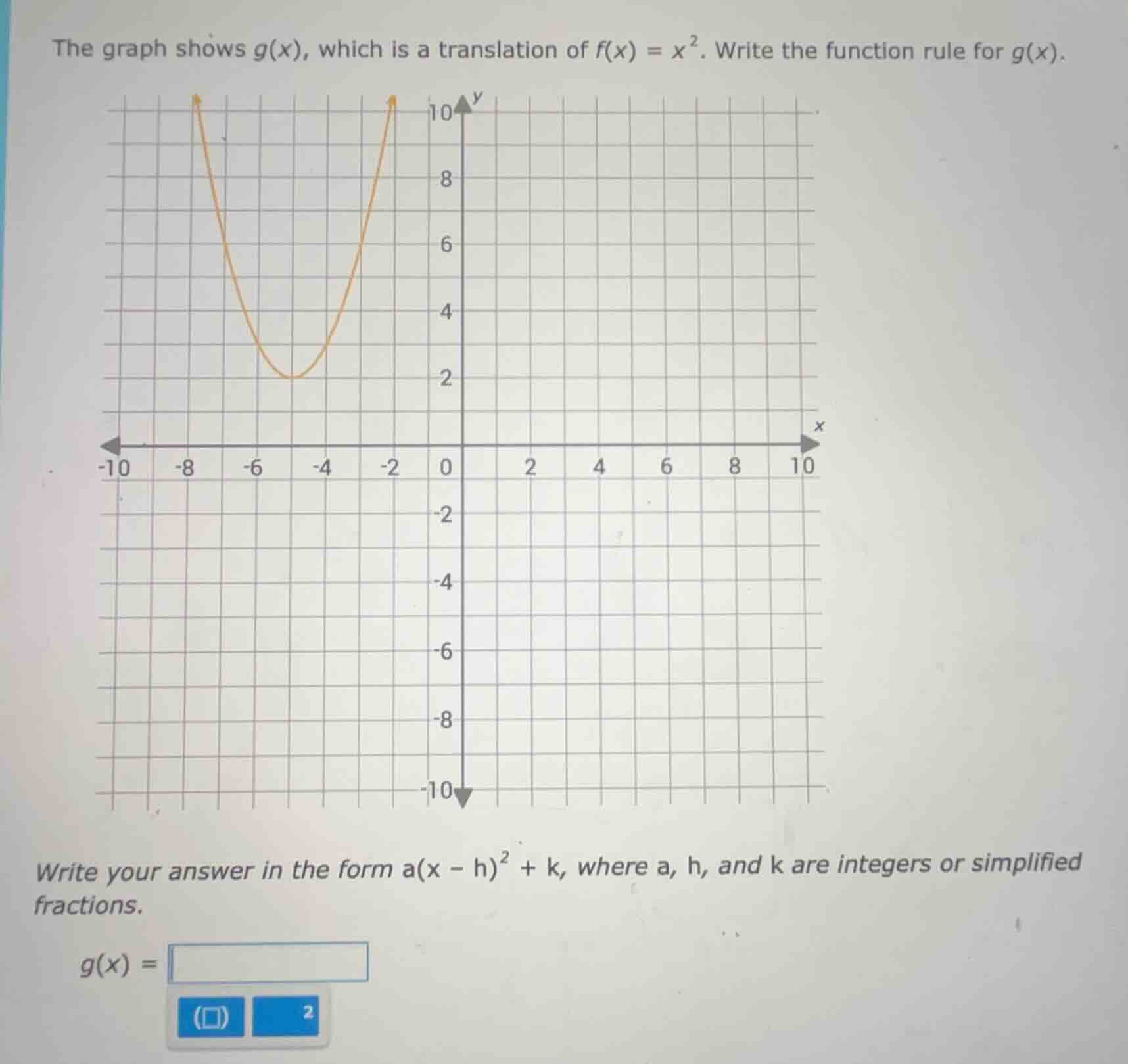 the graph shows ( g(x) ), which is a translation of ( f(x) = x^2 ). wri…
