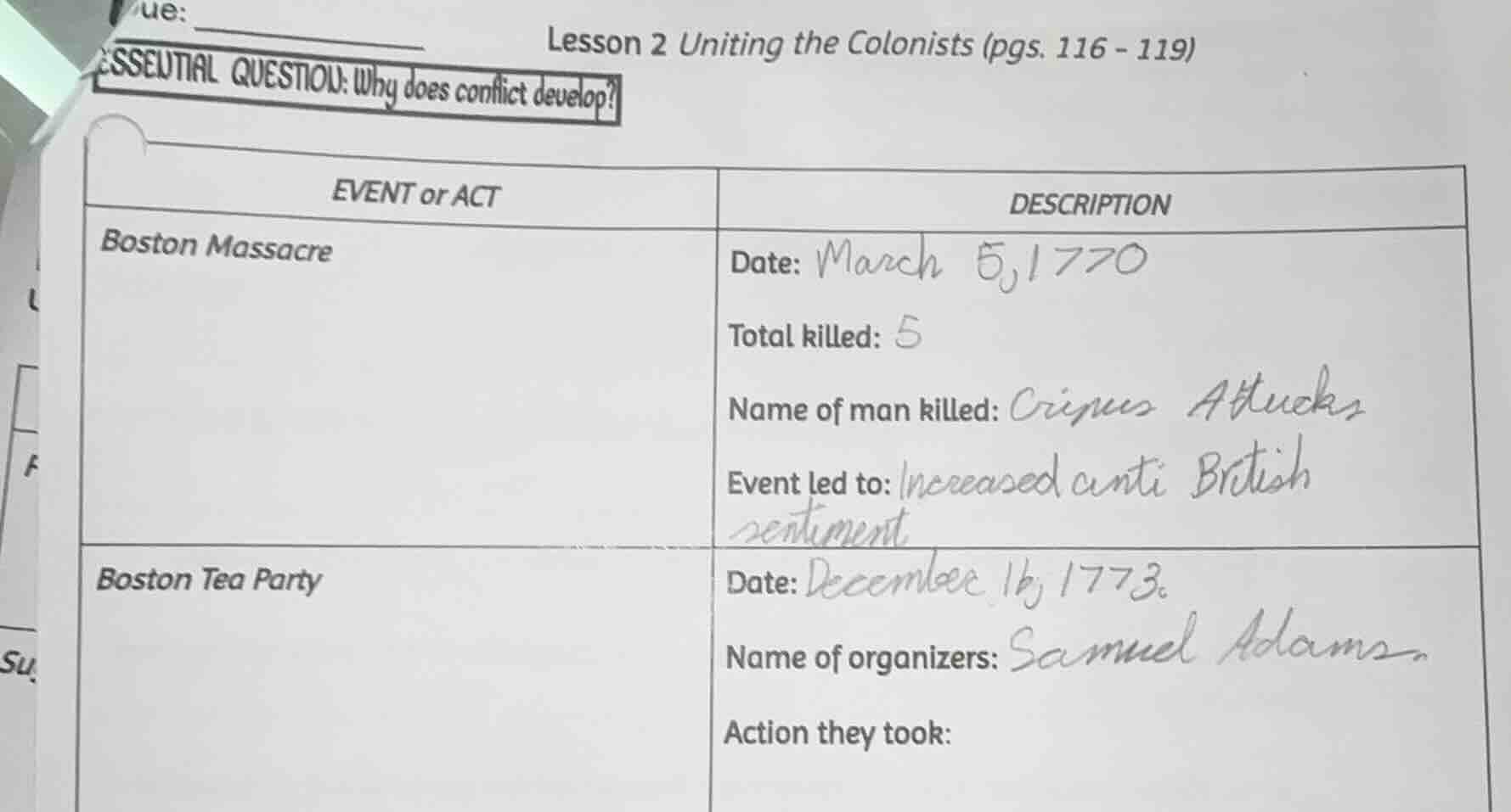 lesson 2 uniting the colonists (pgs. 116 - 119) essential question: why…