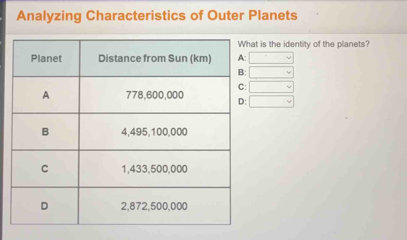 analyzing characteristics of outer planets planet distance from sun (km…