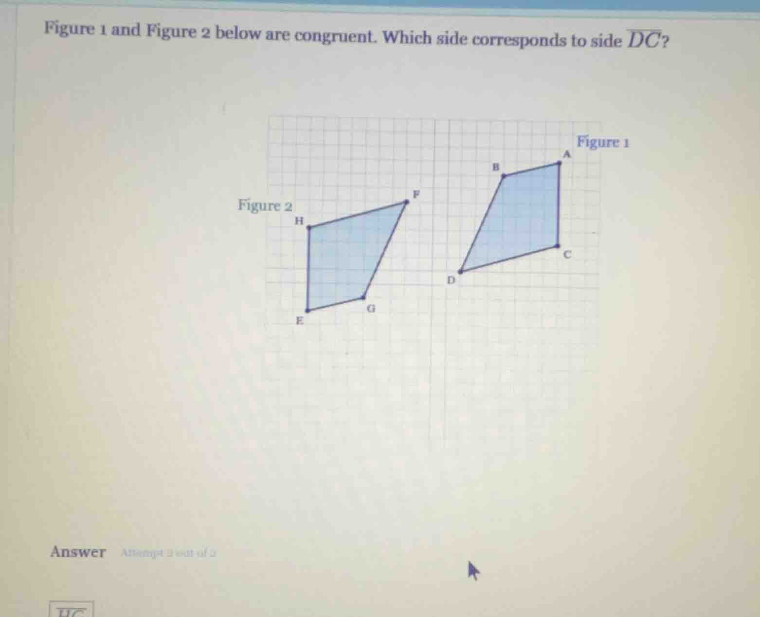 figure 1 and figure 2 below are congruent. which side corresponds to si…
