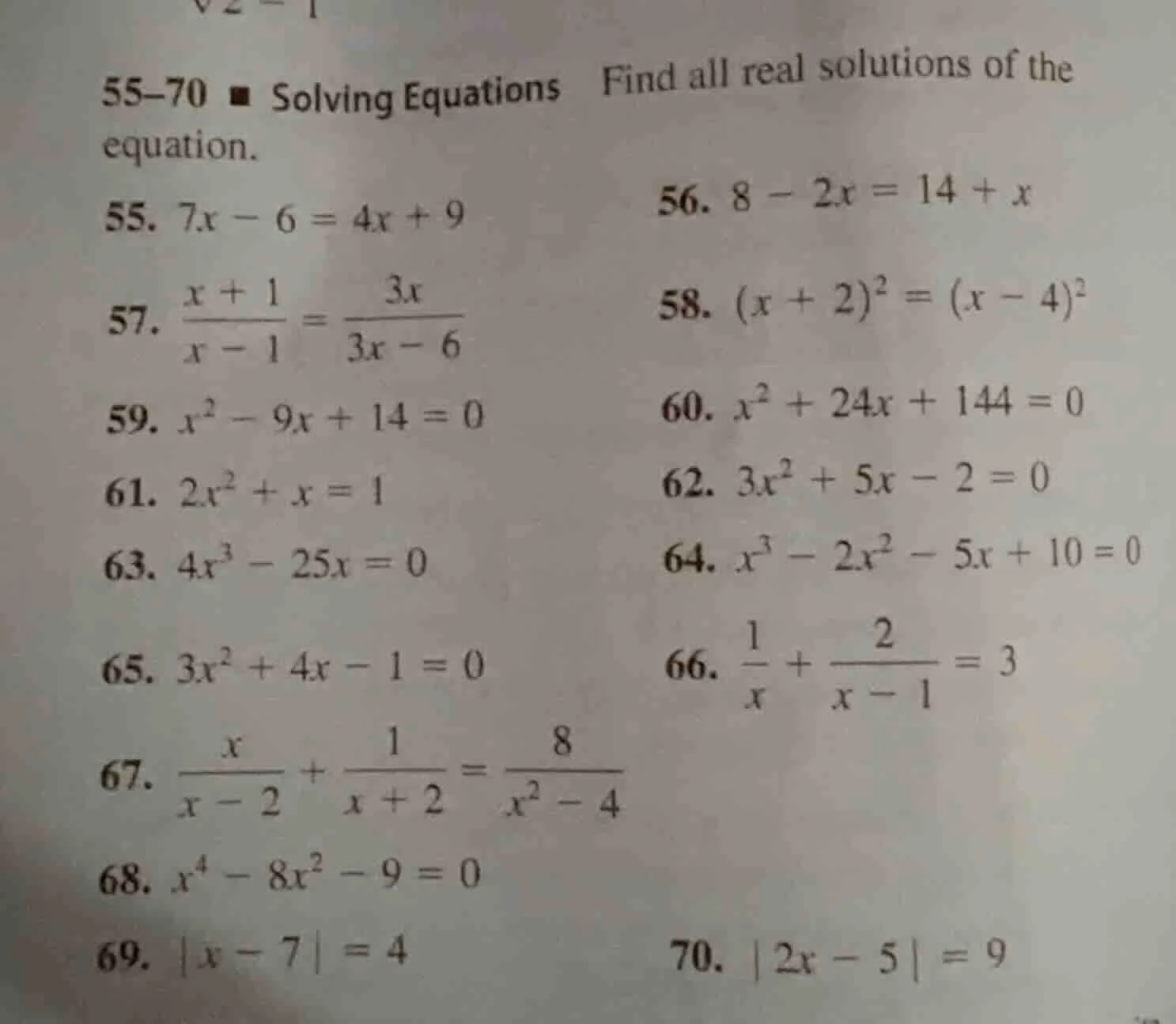 55–70 ■ solving equations find all real solutions of the equation. 55. …