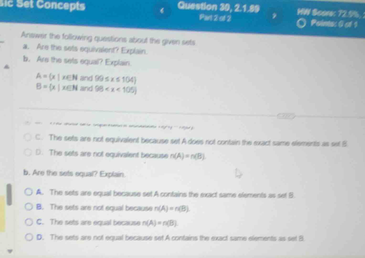 answer the following questions about the given sets. a. are the sets eq…
