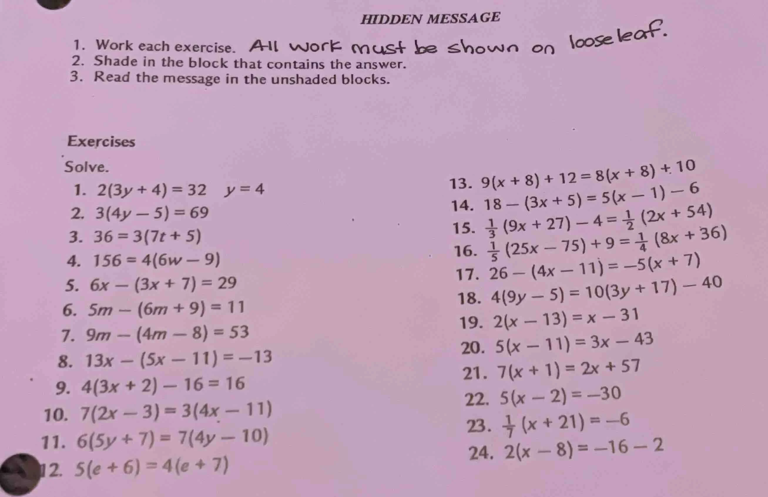 hidden message 1. work each exercise. all work must be shown on loose l…