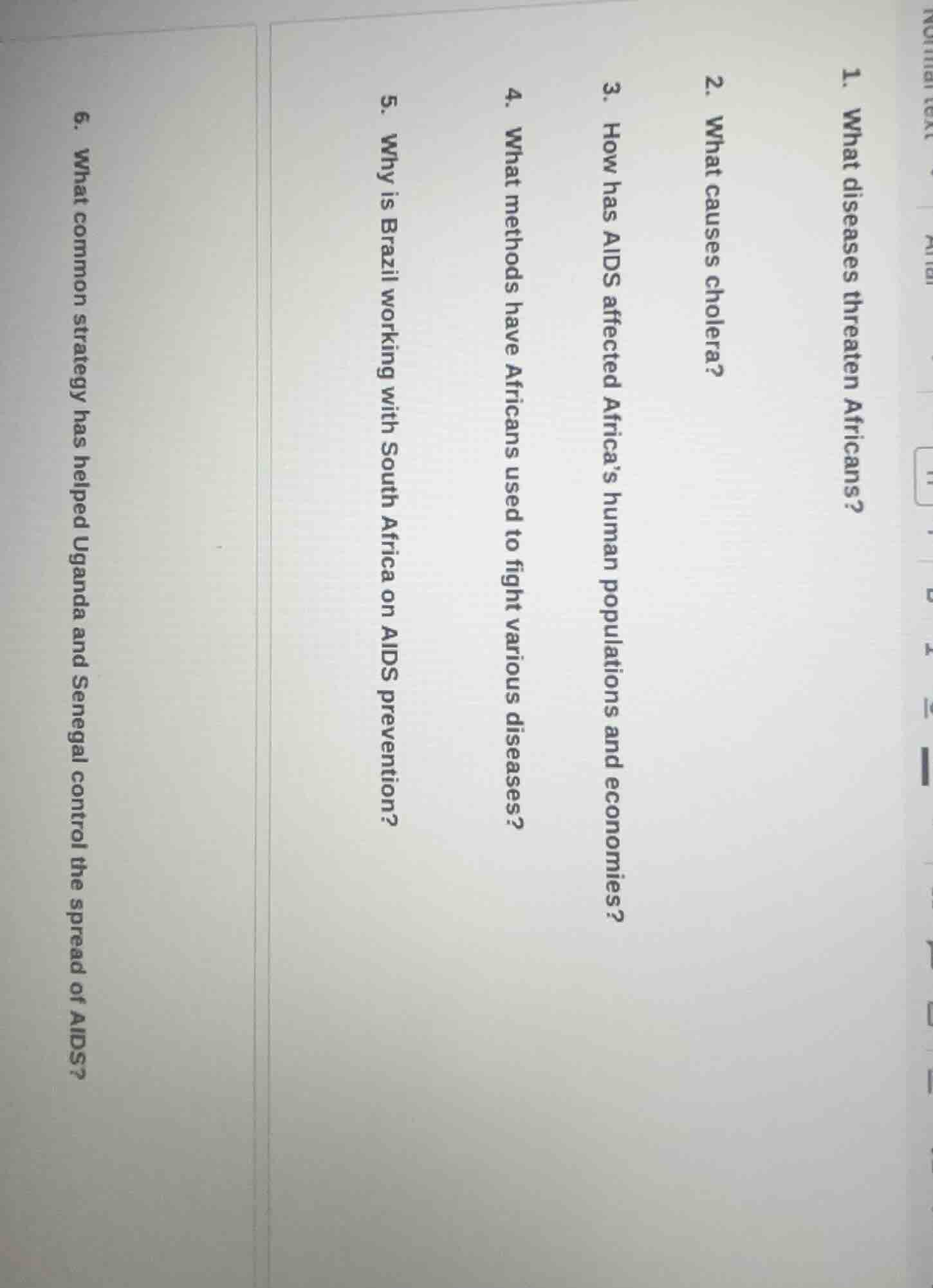 1. what diseases threaten africans? 2. what causes cholera? 3. how has …